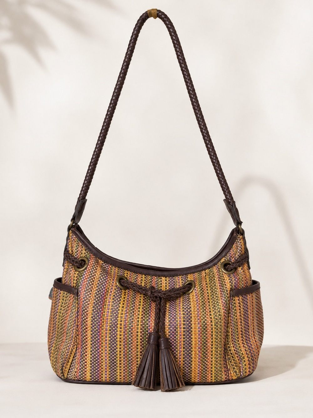 Vintage Relic by Fossil Multicolor Woven Shoulder Bag Boho Tassel Hobo Purse